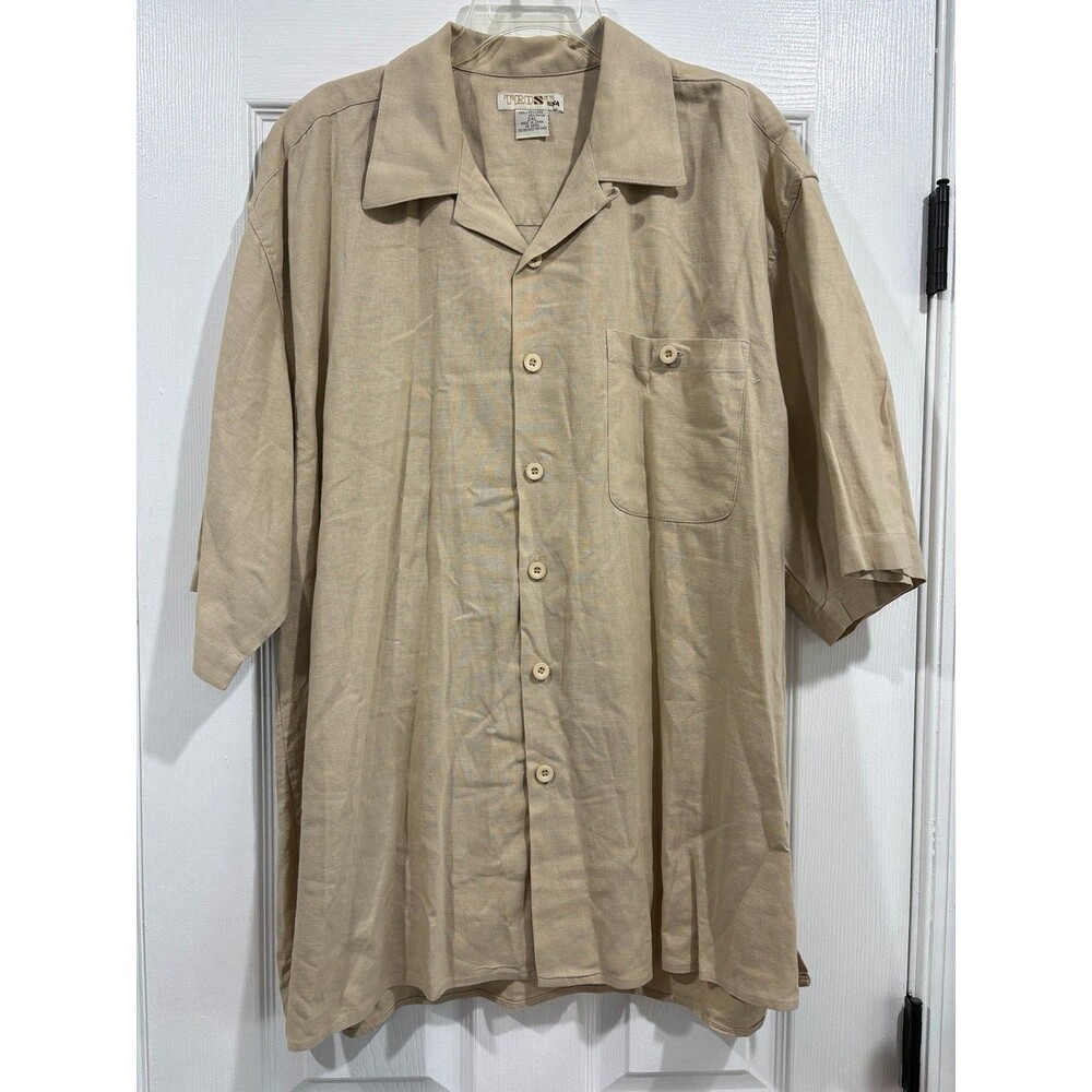 Trust USA Mens 2XL Linen Rayon Shirt Beige Tan Short Sleeve Button Up